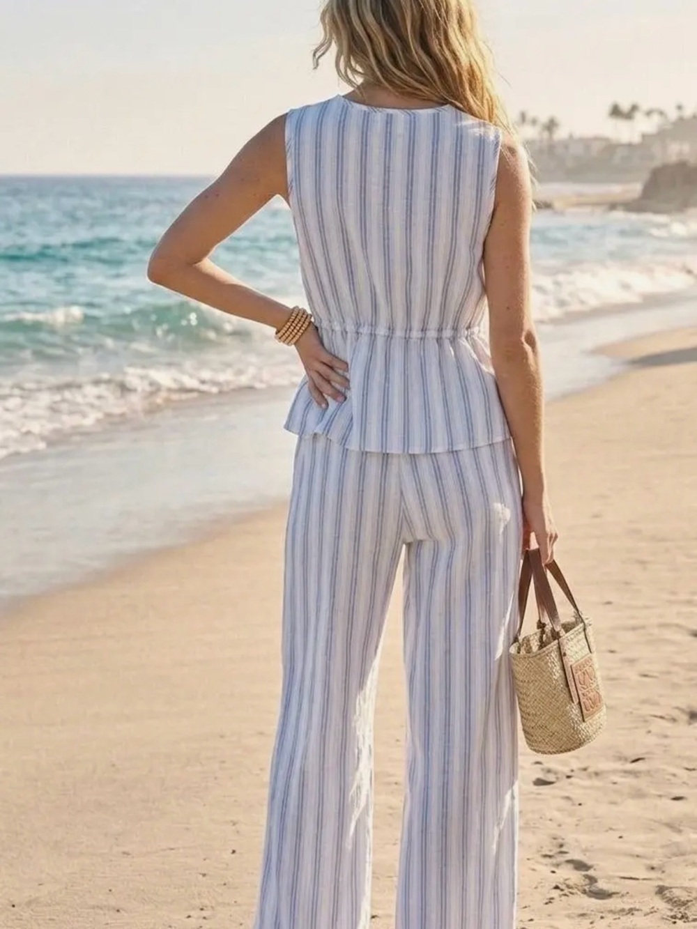 Striped Blue & White Linen Blend Wide-Leg 2 Piece Set NWT - Picture 2 of 3